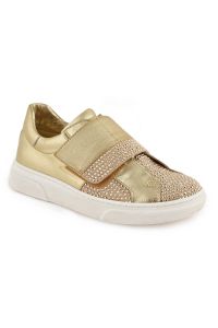 Sneakers in pelle dorata con strass